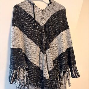 Mystree Black and Cream Striped Hooded Knit Poncho with Fringe